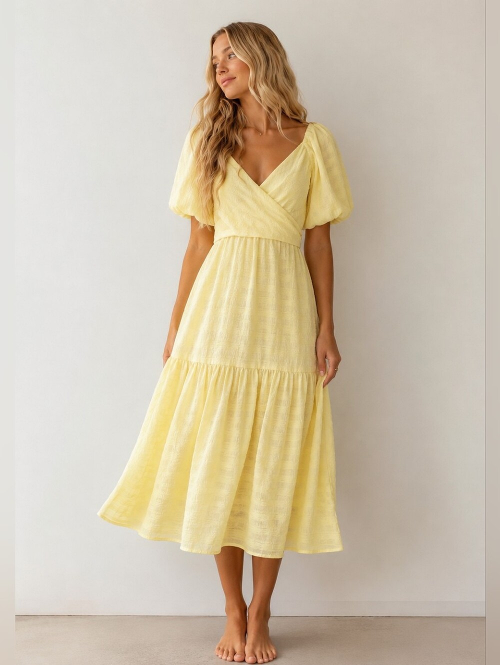 ASTR The Label Sonnet Pastel Yellow Puff Sleeve Midi Dress S